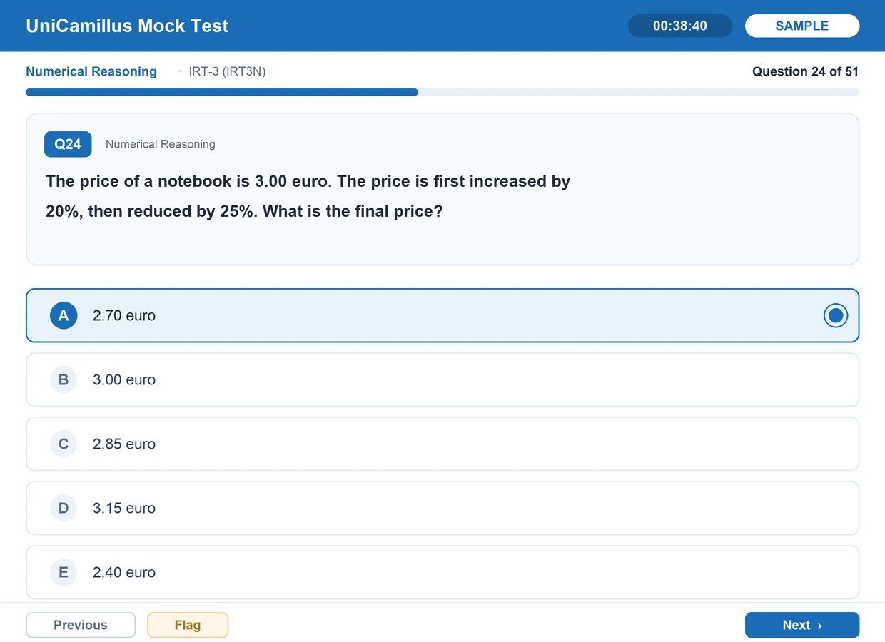 UniCamillus Mock Test sample question screen (mirunote)